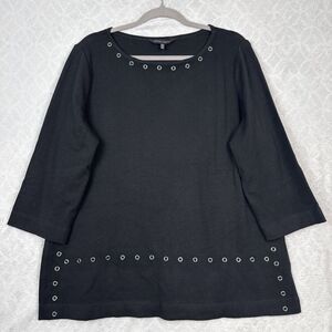 Ming Wang Tunic Sweater XL Black Grommet Knit Cotton Blend Career Grunge Goth